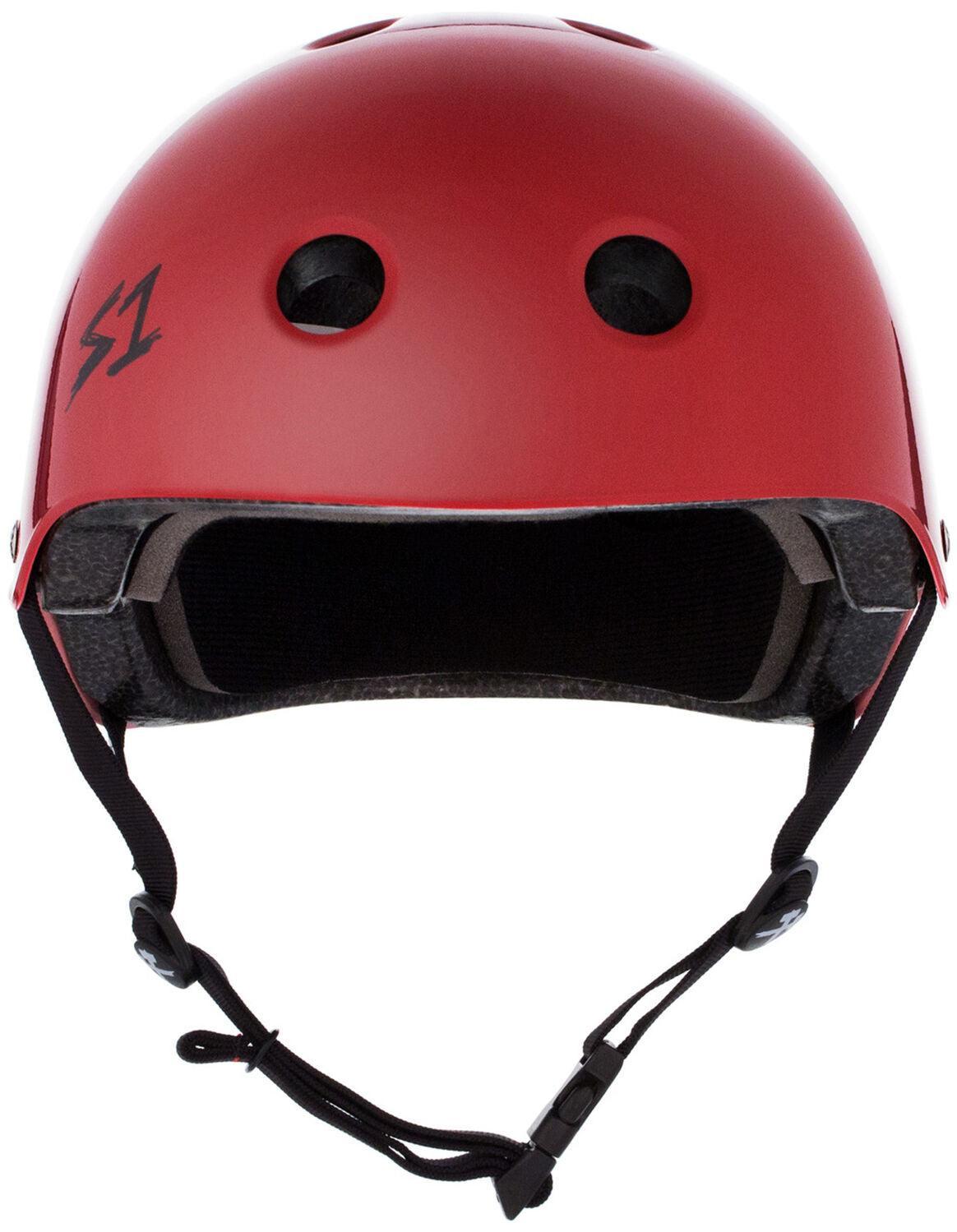 The S-One Lifer Helmet in Blood Red Gloss features ventilation holes, black adjustable straps, and a black "S1" logo on the left side, offering multi-impact protection for both safety and style.