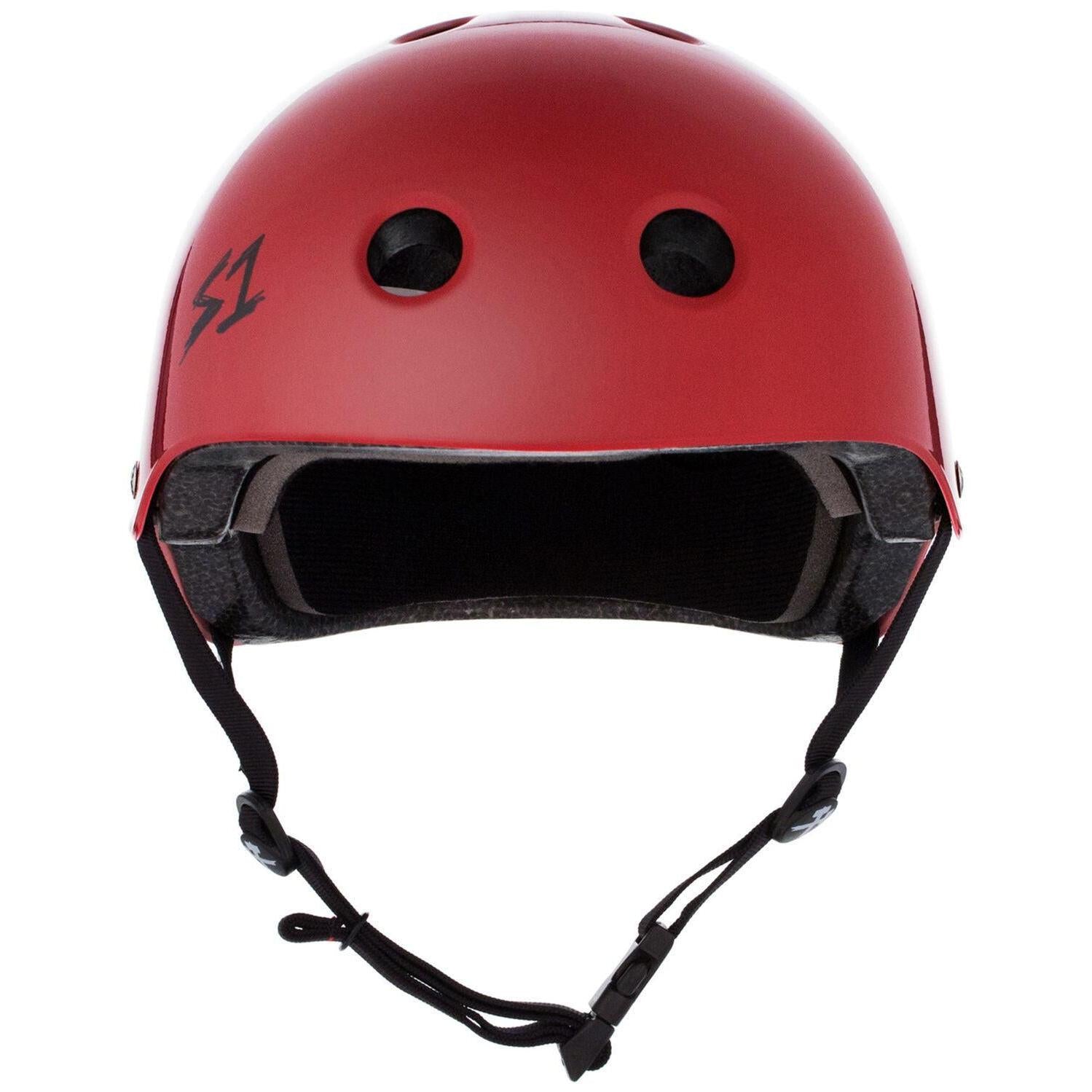 The S-One Lifer Helmet in Blood Red Gloss features ventilation holes, black adjustable straps, and a black "S1" logo on the left side, offering multi-impact protection for both safety and style.