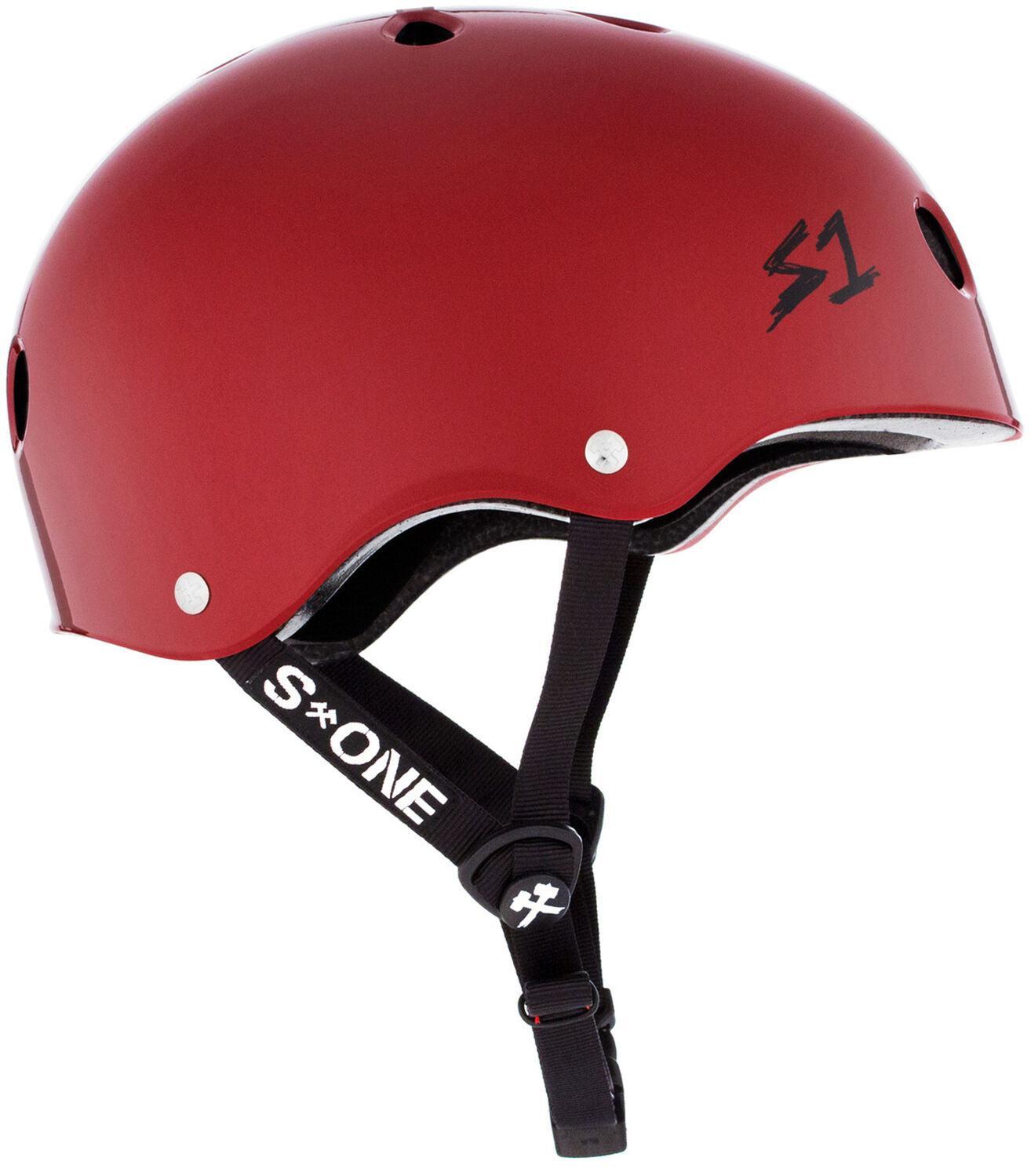 The S-One Lifer Helmet in Blood Red Gloss features ventilation holes, a black adjustable chin strap, and is designed for multiple impact protection.