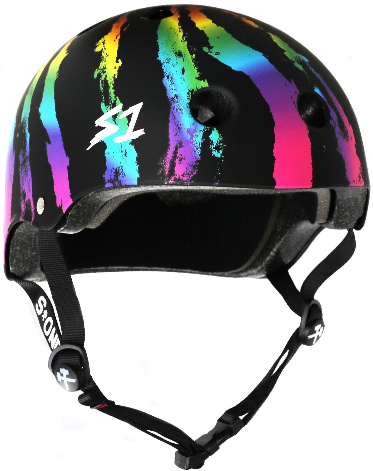 The S-One Lifer Helmet / Rainbow Swirl is a certified skate helmet with rainbow swirl designs, ventilation holes, and adjustable chin straps for multi-impact protection.