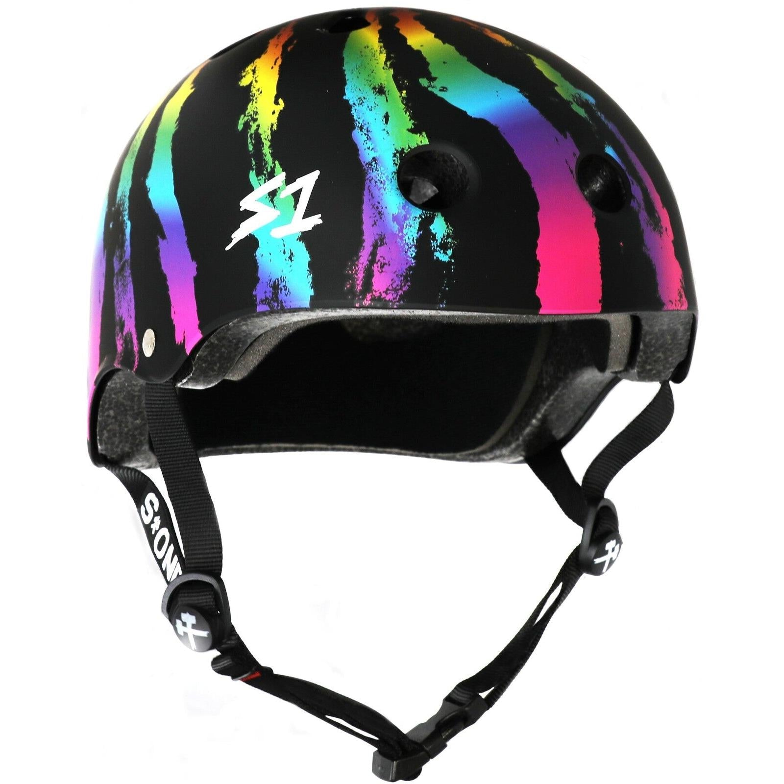The S-One Lifer Helmet / Rainbow Swirl is a certified skate helmet with rainbow swirl designs, ventilation holes, and adjustable chin straps for multi-impact protection.