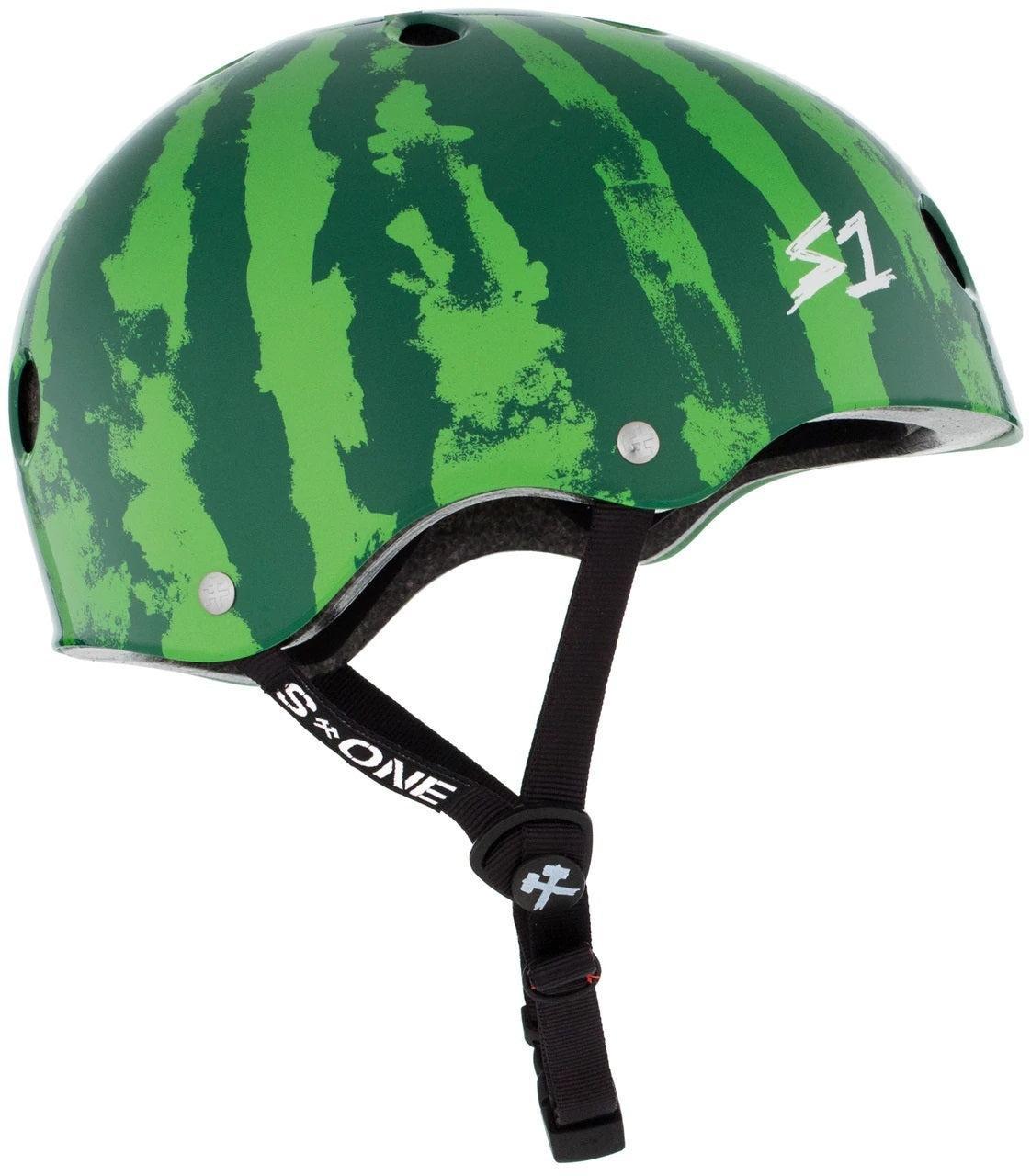 The S-One Lifer Helmet / Watermelon features black straps, a watermelon pattern, the "S1" logo on the side, and is designed for multiple impact protection.
