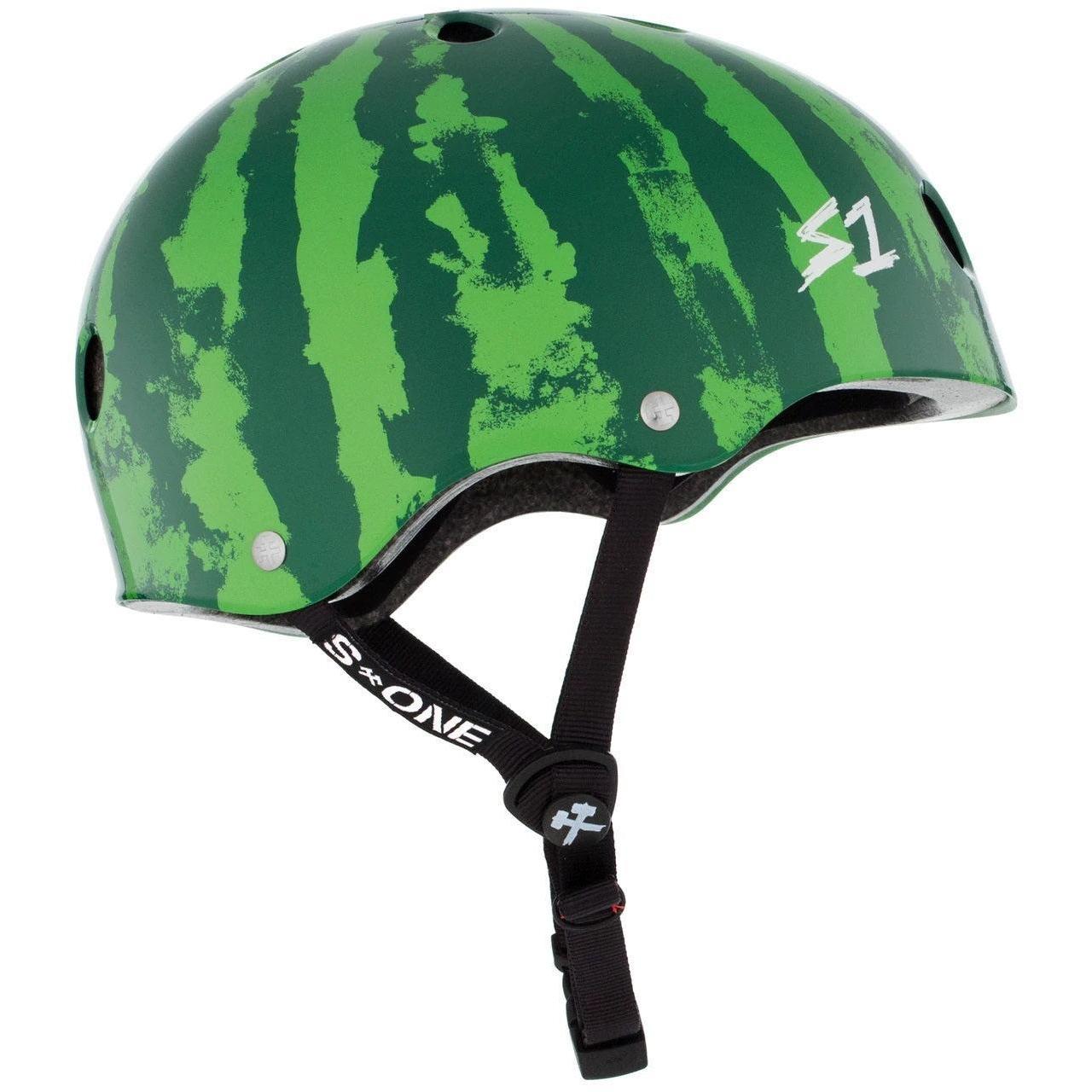 The S-One Lifer Helmet / Watermelon features black straps, a watermelon pattern, the "S1" logo on the side, and is designed for multiple impact protection.