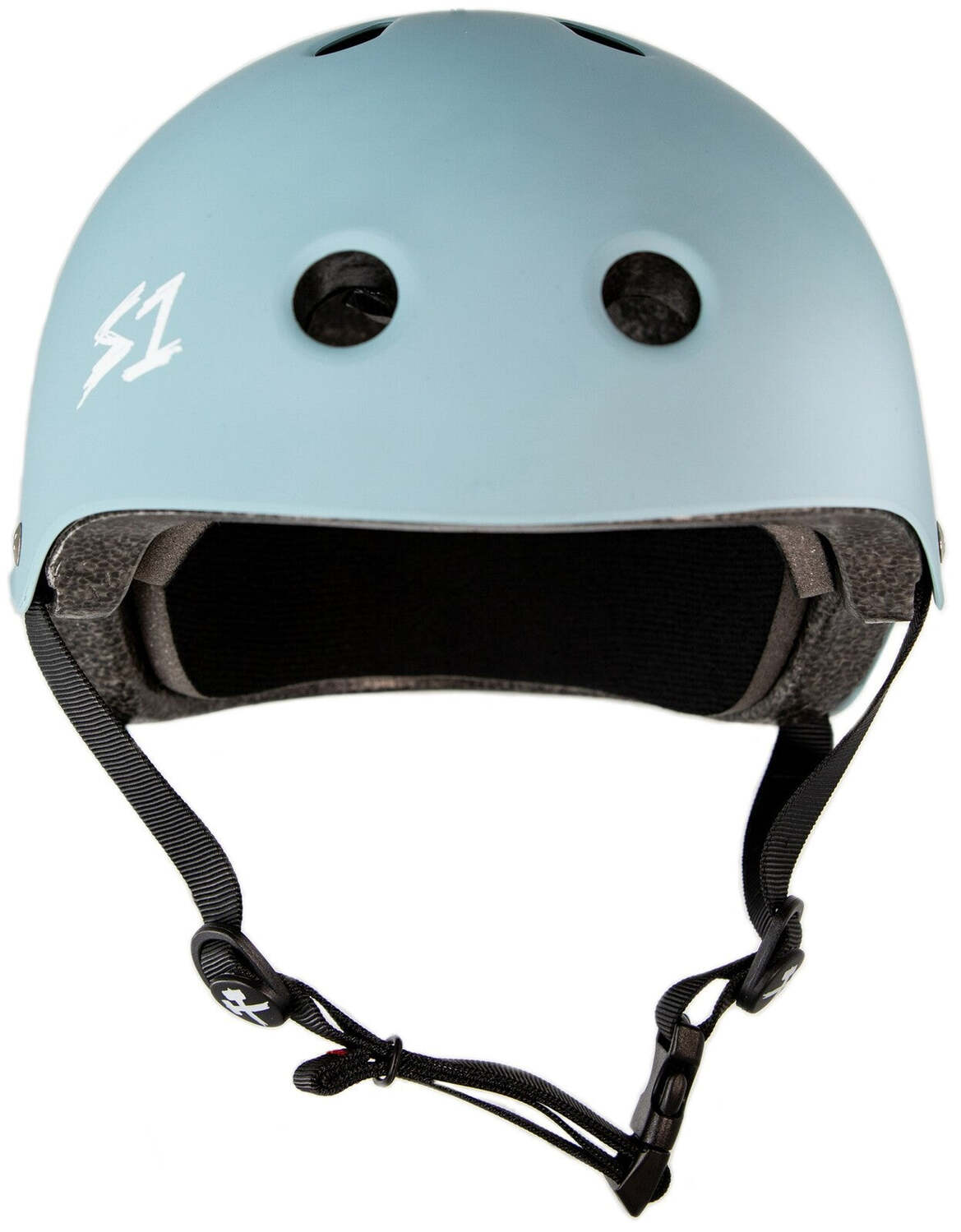 The S-One Lifer Helmet in Slate Blue Matte features black vents, an adjustable chin strap, a white "S1" side logo, and delivers certified multi-impact protection for safety.