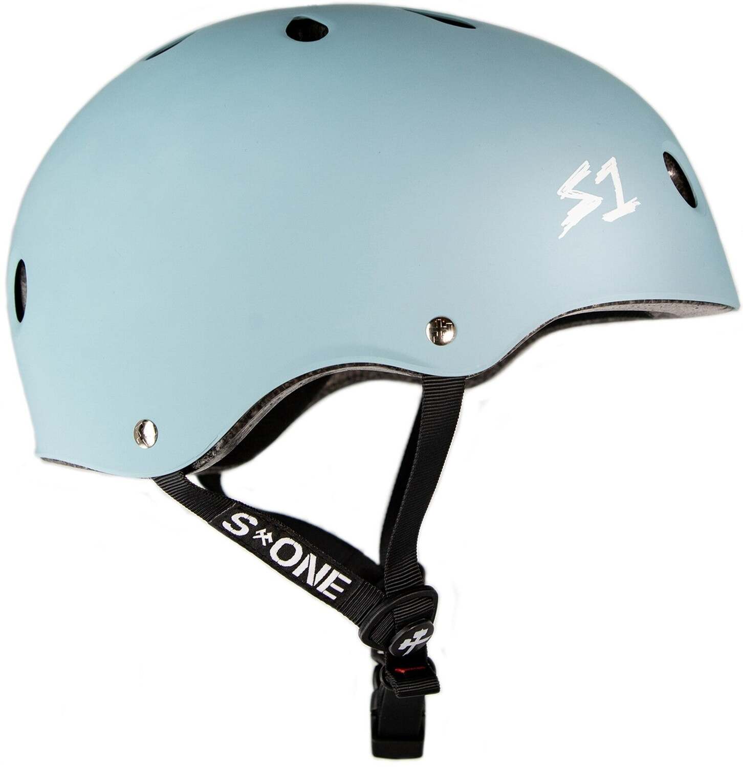 The S-One Lifer Helmet in Slate Blue Matte is a certified multi-impact helmet with black adjustable straps and side ventilation holes, shown from the side.