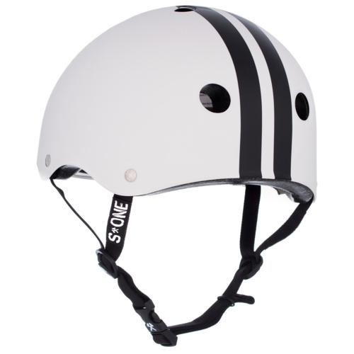 The S-One Lifer Helmet / CJ Collins White Gloss/Black Stripes has a white shell with two black stripes, ventilation holes, multi-impact protection, and an adjustable black chin strap.