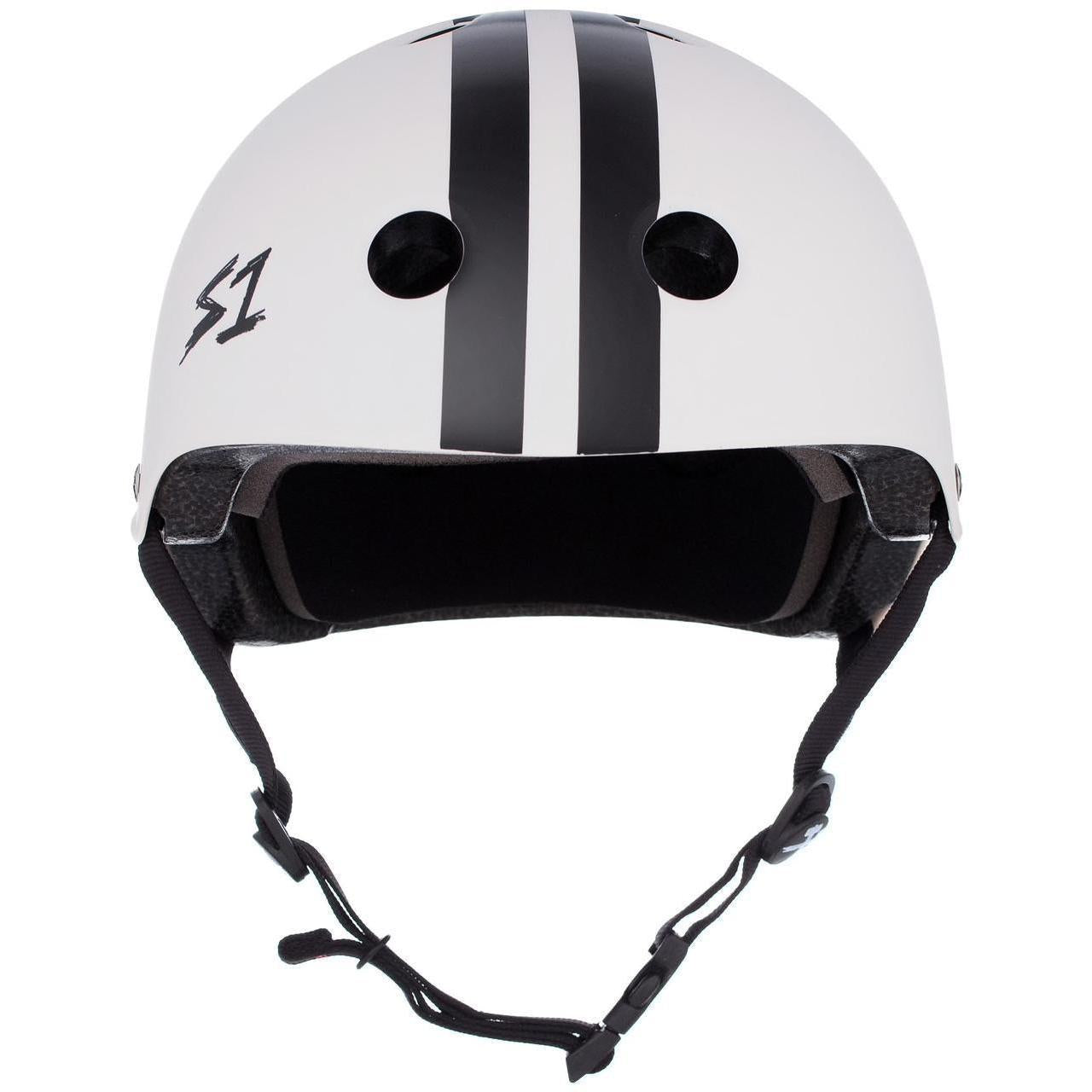 The S-One Lifer Helmet CJ Collins White Gloss/Black Stripes features multi-impact protection, black vertical stripes, ventilation holes, an "S1" logo on the left side, and an adjustable chin strap.