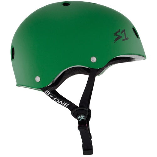 The S-One Helmet Lifer Kelly Green features a black adjustable chin strap and ventilation holes. Viewed from the side, this high-impact, Australian-certified helmet delivers superior protection and style.