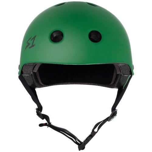 The S-One Helmet Lifer Kelly Green is an Australian-certified, high-impact helmet with a green shell, two front vents, black chin straps, and an "S1" logo on the left side.