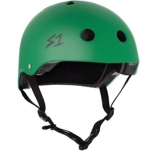The S-One Helmet Lifer Kelly Green features ventilation holes, black straps, and an “S1” logo. This high-impact helmet is Australian-certified, providing stylish superior protection.