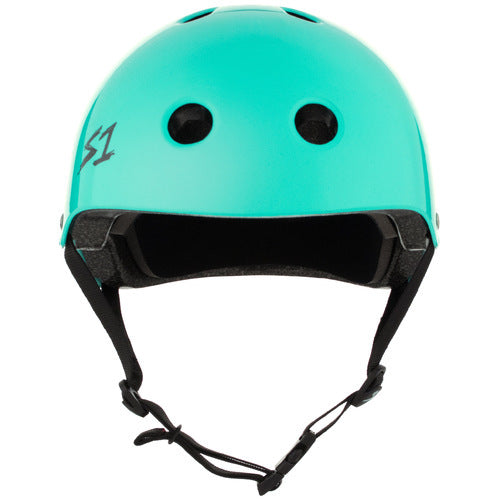 The S-One Helmet Lifer Lagoon Gloss features a teal finish, black adjustable straps, and air vents. This high-impact, Australian-certified helmet combines stylish front-facing design with reliable protection.