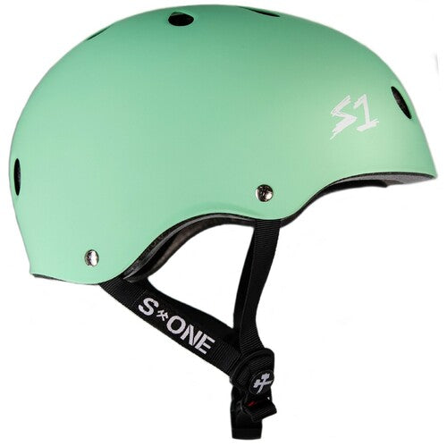 The S-One Helmet Lifer Mint Green Matte is an Australian-certified helmet featuring a sleek matte mint green finish, ventilation holes, a black adjustable chin strap, and high-impact protection for both style and safety.