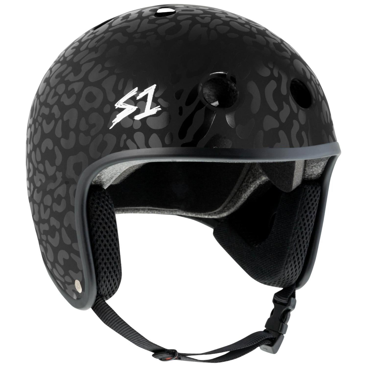 The S-One Helmet Retro Lifer / Black on Black Leopard Hosoi features a matte black finish with a subtle leopard print, ventilation holes, padded interior, chin strap, multi-impact protection, and a white "S1" logo on the side.