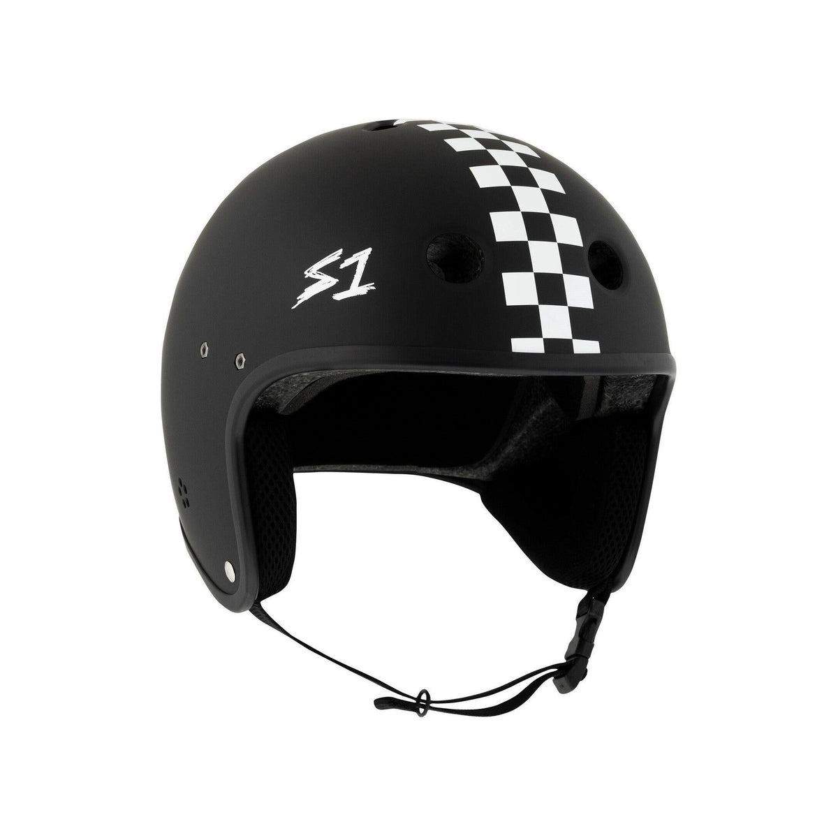 The S-One Helmet Retro Lifer E-Helmet in Black Matte with White Checkers features multi-impact protection, ear coverage, ventilation holes, an adjustable chin strap, the "S1" logo on the side, and is NTA 8776 certified for optimal safety.