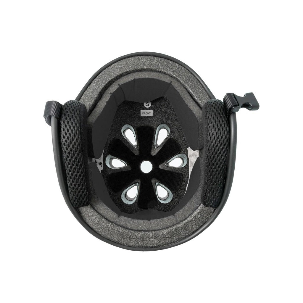 The S-One Helmet Retro Lifer E-Helmet (Black Matte/White Checkers) features foam padding, ventilation holes, mesh side pads, and a black chin strap with buckle—perfect for multi-sport use.