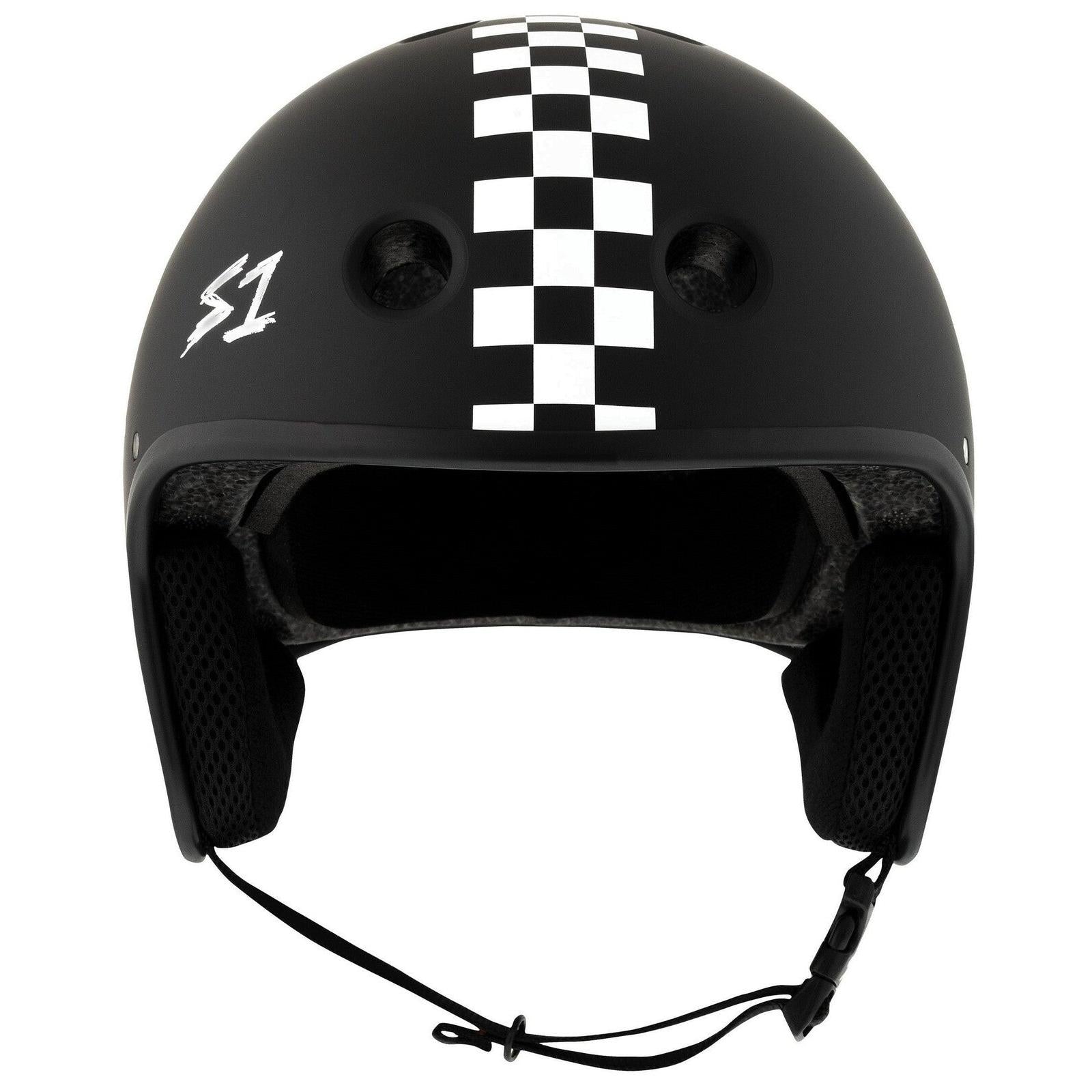 The S-One Helmet Retro Lifer E-Helmet in Black Matte with White Checkers features a bold checkerboard stripe, ventilation holes, black chin strap, and "S1" logo. NTA 8776 certified for reliable protection with classic retro style.