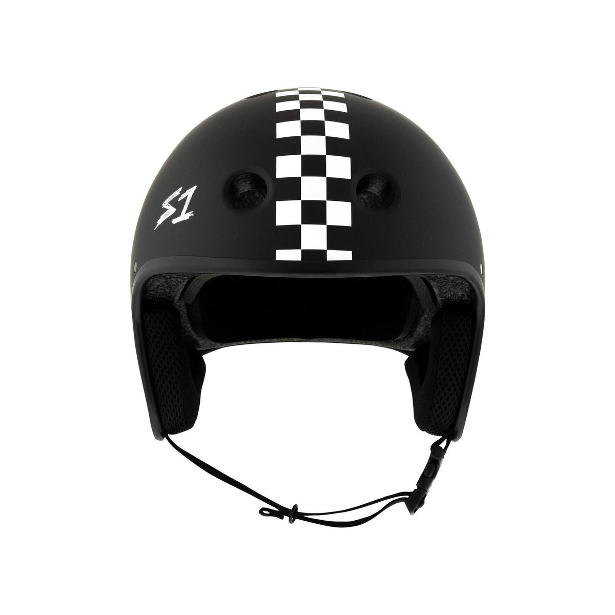 The S-One Helmet Retro Lifer E-Helmet in Black Matte with White Checkers features a bold checkerboard stripe, ventilation holes, black chin strap, and "S1" logo. NTA 8776 certified for reliable protection with classic retro style.
