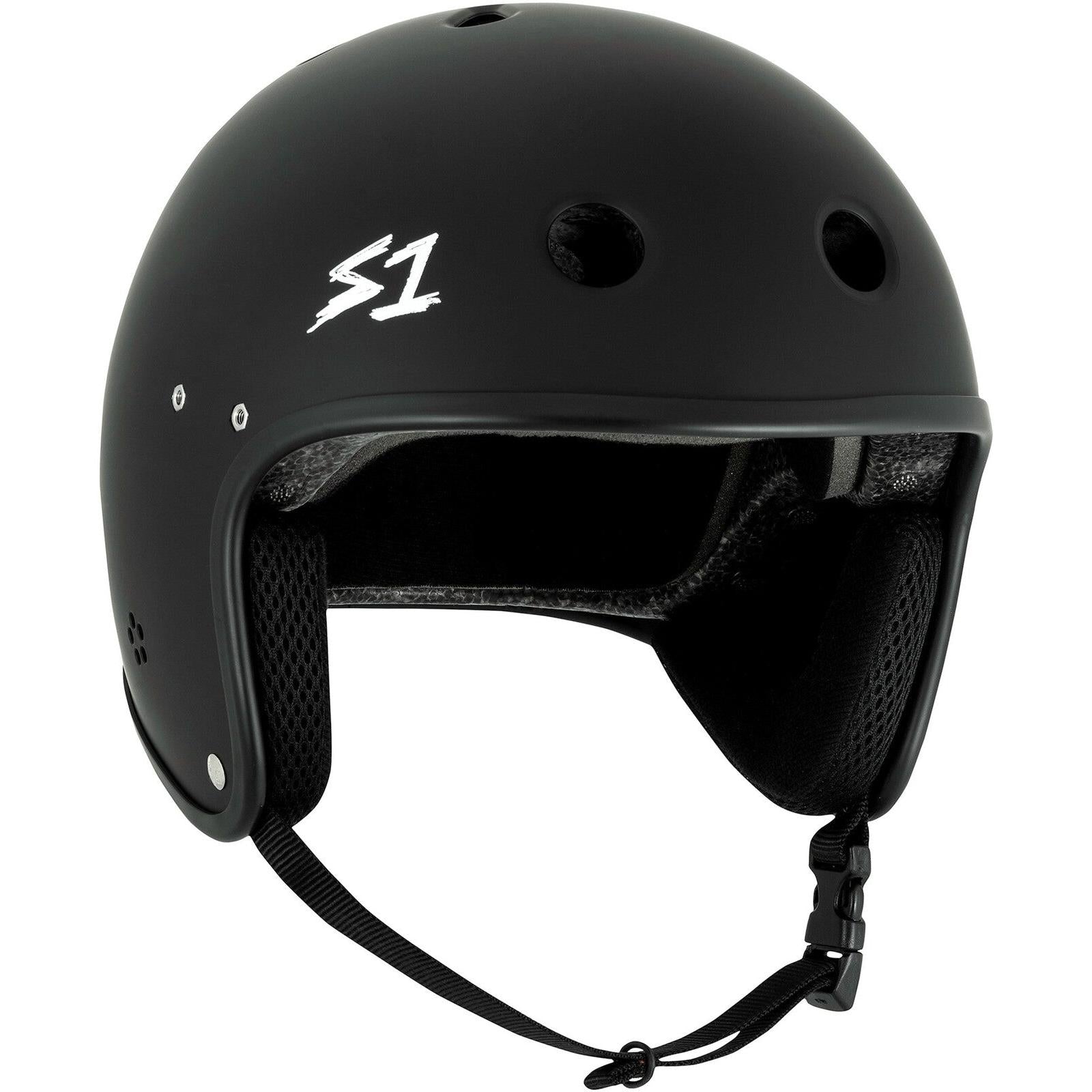 The S-One Helmet Retro Lifer E-Helmet in Black Matte features ventilation holes, ear protection, an adjustable chin strap, and an "S1" logo on the side.