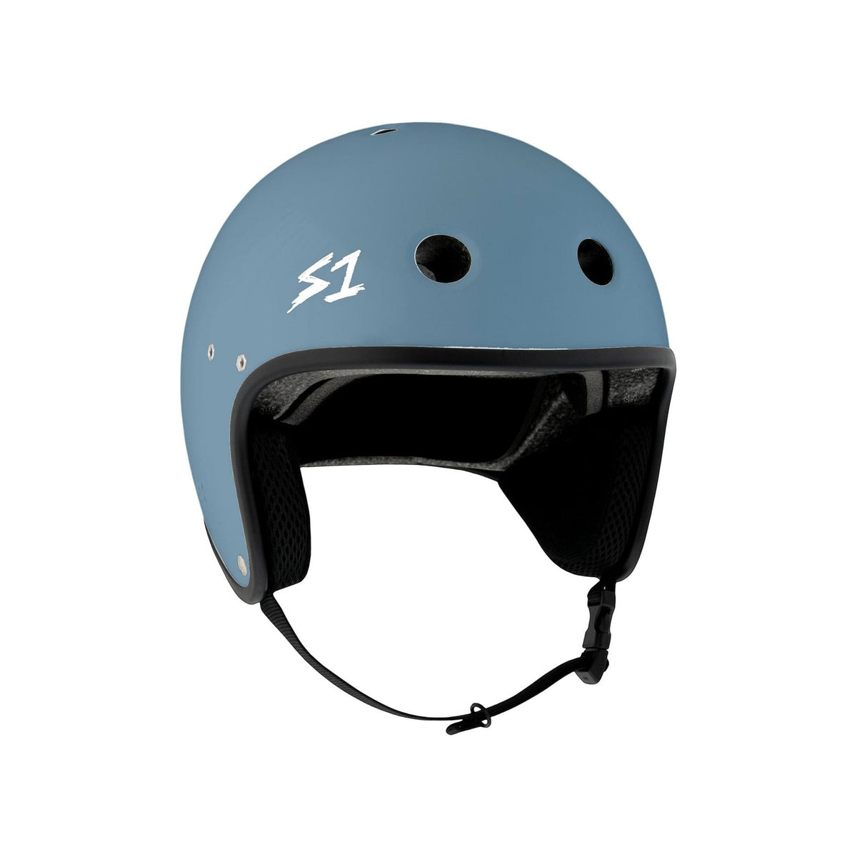 An S-One Helmet Retro Lifer E-Helmet in Ocean Matte, featuring black padding, ventilation holes, and an adjustable chin strap for multi-impact protection, is displayed against a white background.