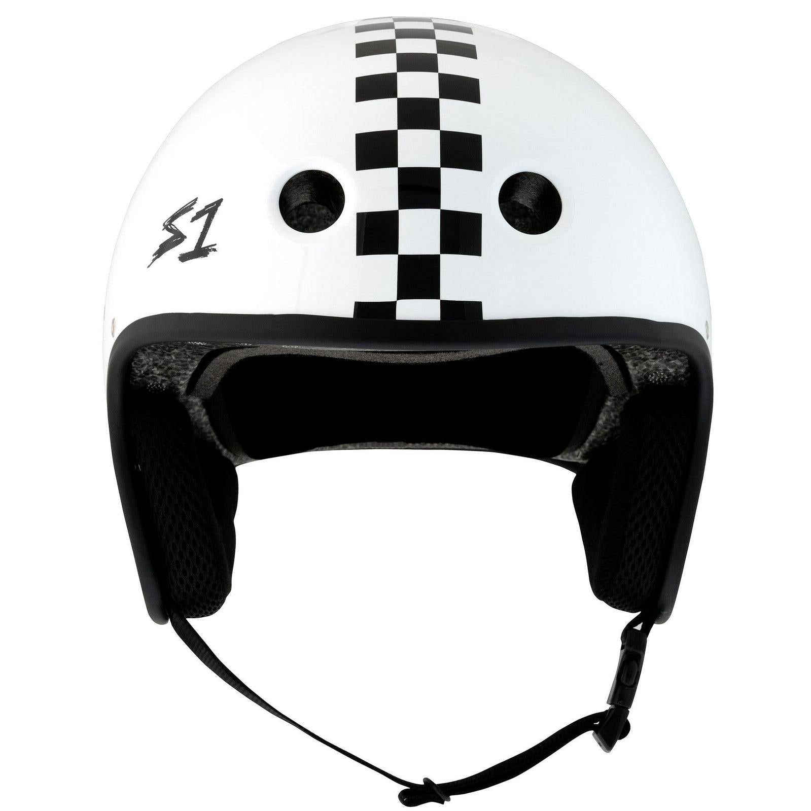 The S-One Helmet Retro Lifer E-Helmet in White Gloss features a black checkered stripe, black "S1" logo, two vents, and an adjustable chin strap.