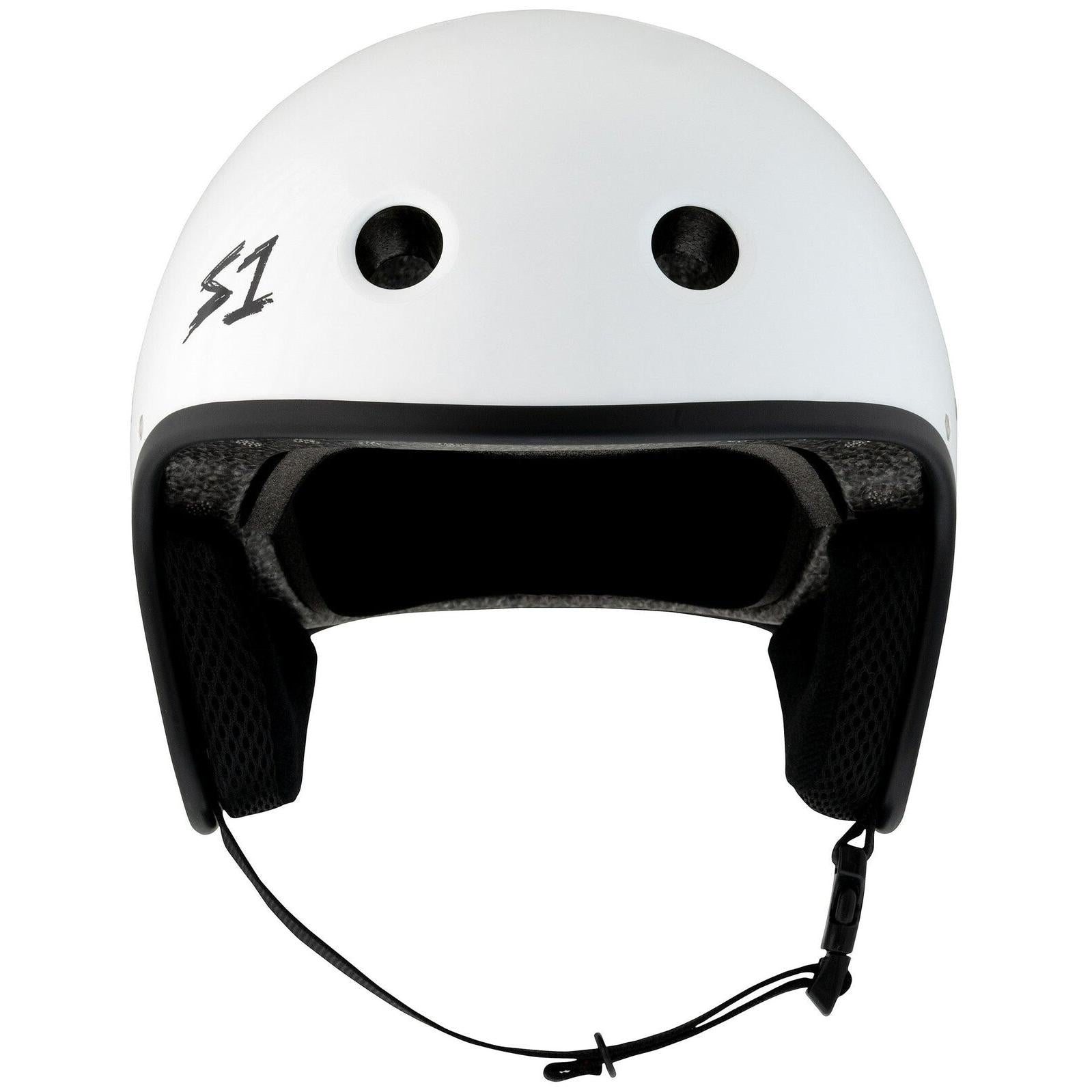 The S-One Helmet Retro Lifer E-Helmet in White Gloss features two front vents, black inner padding, a black chin strap, and an "S1" logo on the left side.