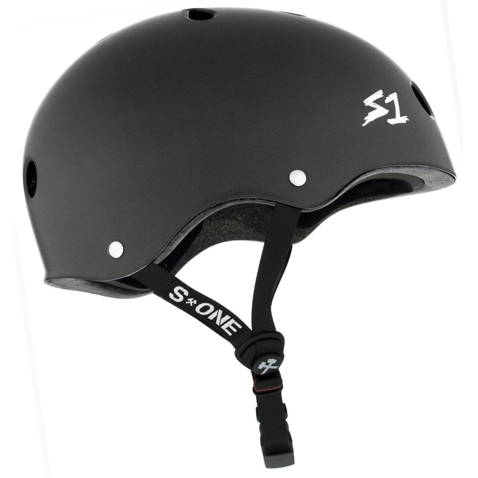The S-One Helmet Mega Lifer Dark Grey Matte features ventilation holes, a matte finish, and an adjustable chin strap for high-impact protection and comfort.