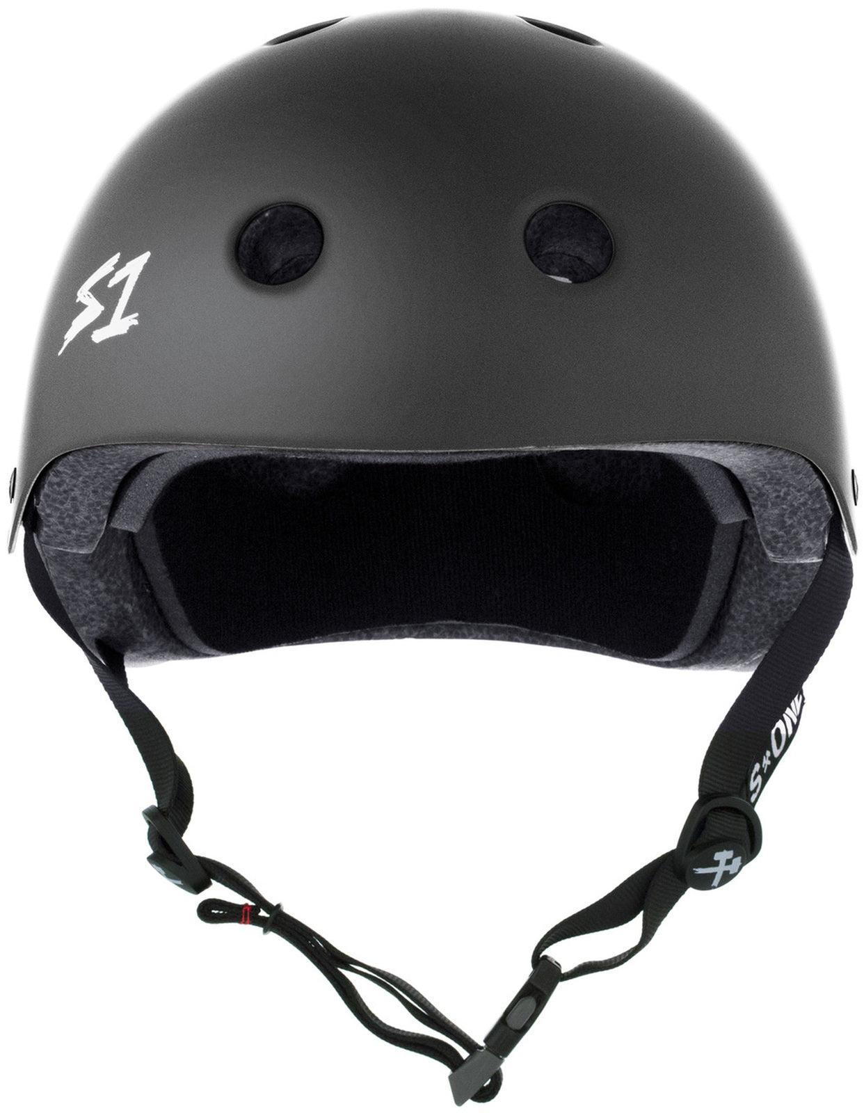 A dark grey matte S-One Helmet Mega Lifer with ventilation holes, "S1" side logo, adjustable chin strap, and Australian-certified high-impact protection.