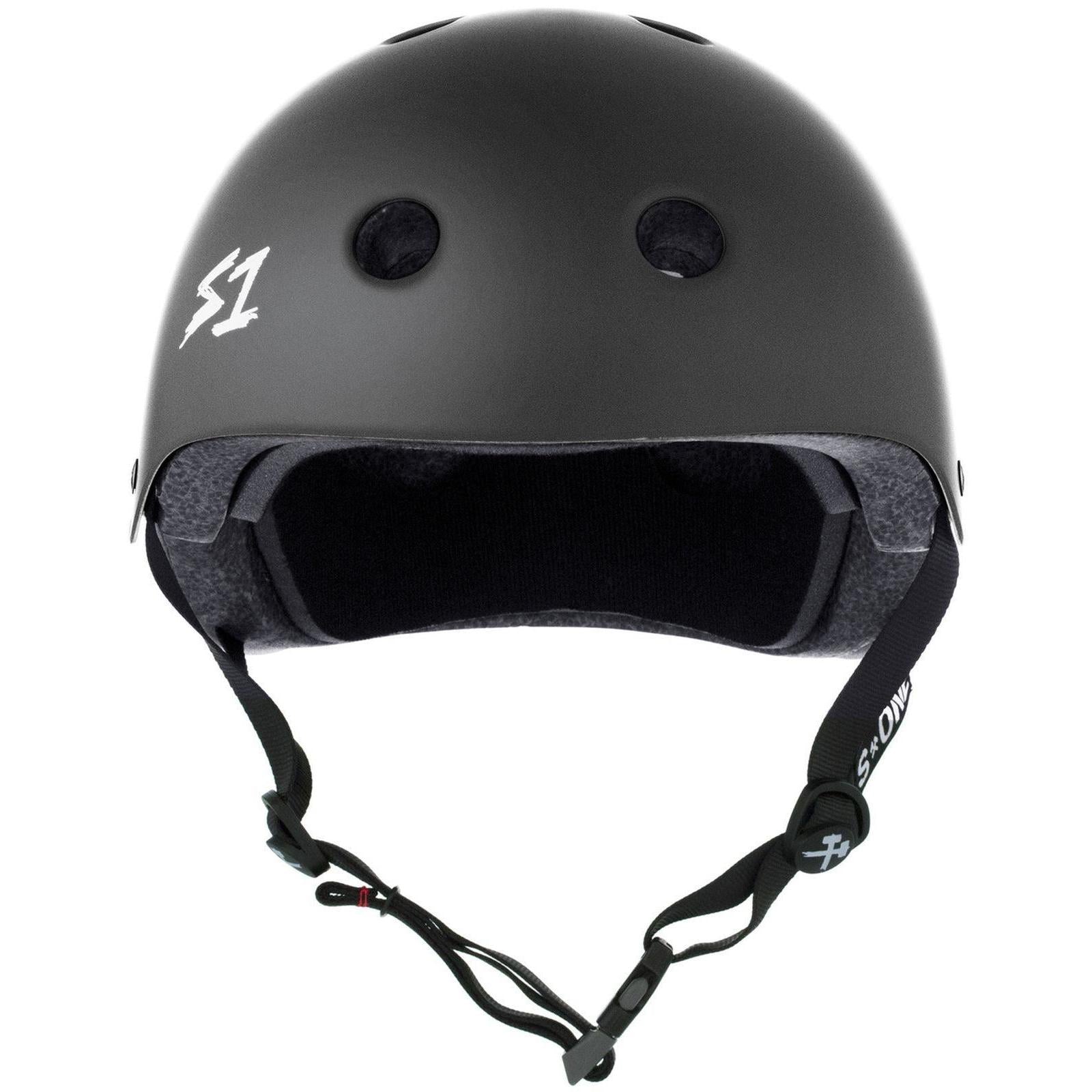 A dark grey matte S-One Helmet Mega Lifer with ventilation holes, "S1" side logo, adjustable chin strap, and Australian-certified high-impact protection.