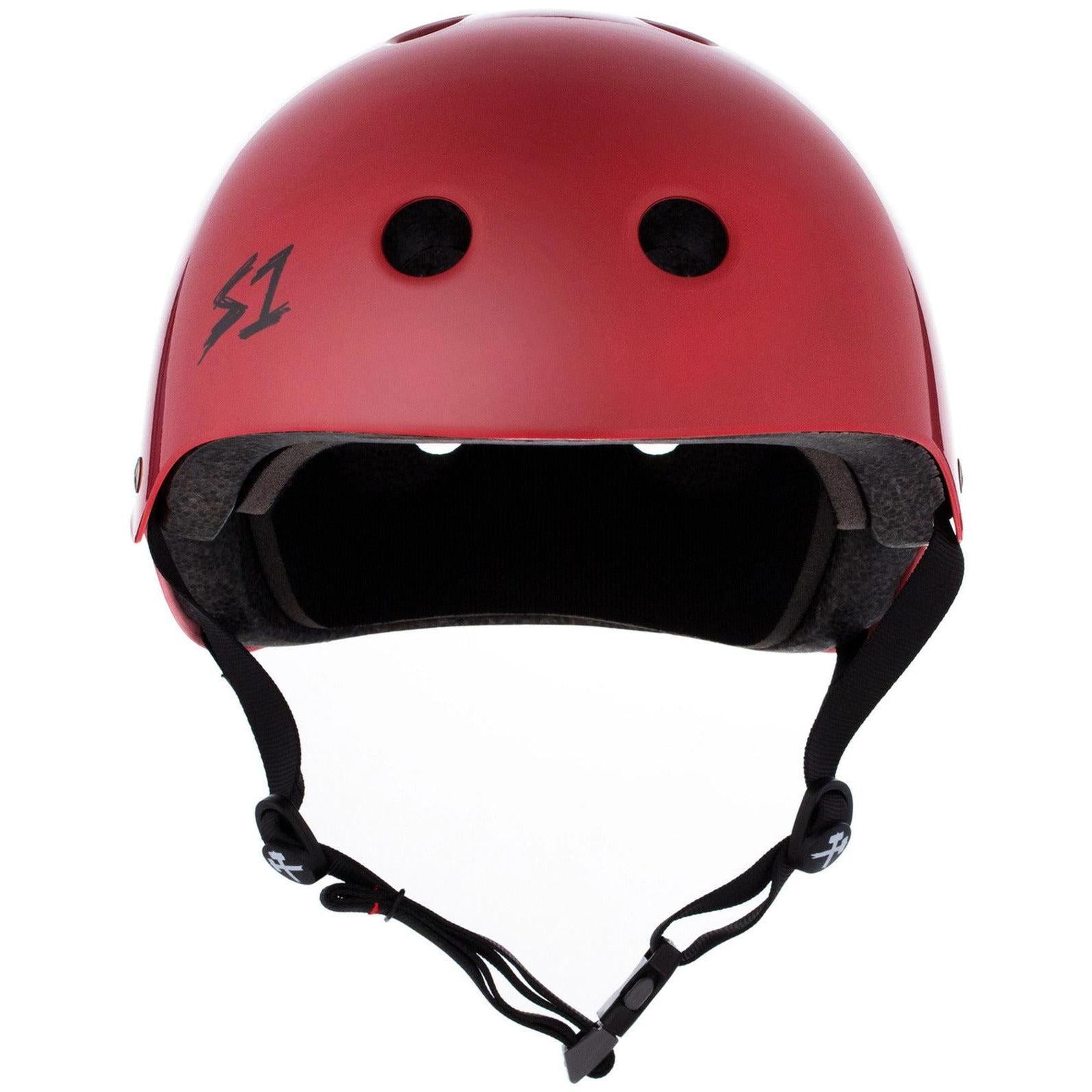 The S-One Helmet Mega Lifer in Blood Red Gloss features black EPS Fusion Foam, ventilation holes, an S1 logo, adjustable black chin strap, and multiple impact protection for superior safety.