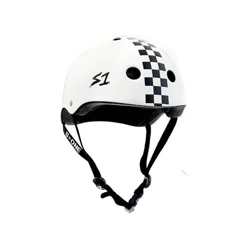 The S-One Helmet Mega Lifer in White Gloss/Black Checkers features a "S1" logo on the side, black checkered stripe, black interior padding, EPS Fusion Foam for multi-impact protection, and an adjustable black S-ONE chin strap.