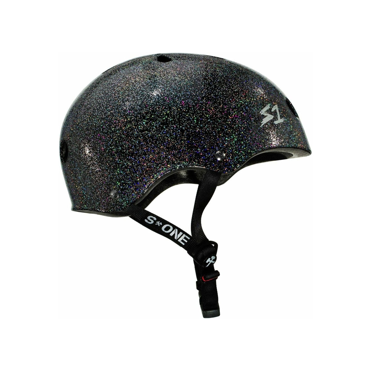The S-One Helmet Mega Lifer in Black Gloss Glitter, shown against a white background, features an adjustable chin strap and delivers certified skate helmet safety with multi-impact protection.