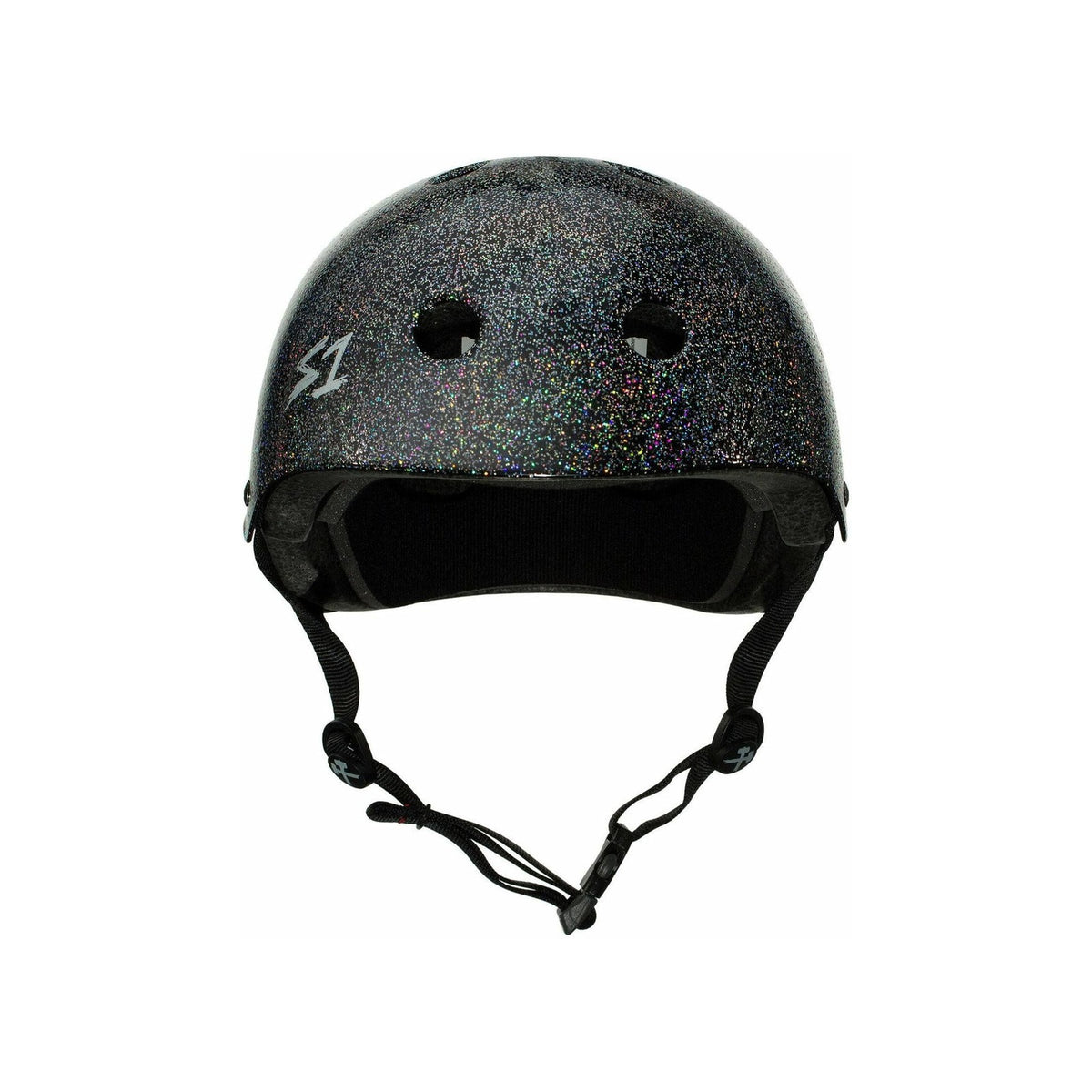 The S-One Helmet Mega Lifer in Black Gloss Glitter features two front air vents, an "S1" left logo, adjustable black straps with buckle, and EPS Fusion Foam for multi-impact protection.