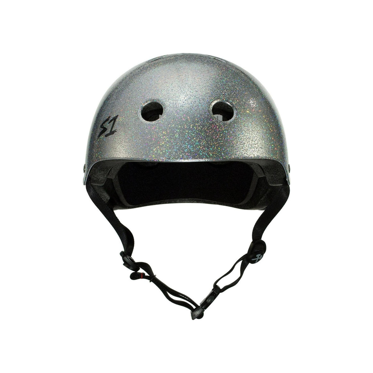 The S-One Helmet Mega Lifer in Silver Glitter features EPS Fusion Foam for multi-impact protection, ventilation holes, black interior padding, and an adjustable chin strap.