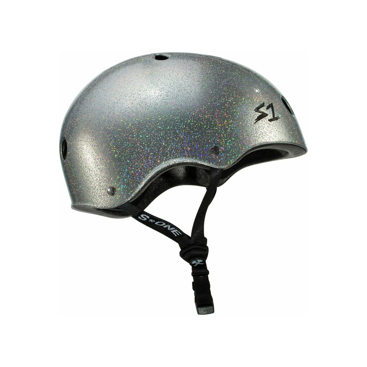 The S-One Helmet Mega Lifer in Silver Glitter features EPS Fusion Foam for multiple impact protection, a black adjustable chin strap, ventilation holes, and the S1 logo on the side.