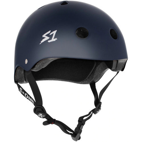 The S-One Helmet Mega Lifer in Navy Matte features EPS Fusion Foam for multi-impact protection, multiple ventilation holes, black adjustable straps, and an S1 logo on the front left side.