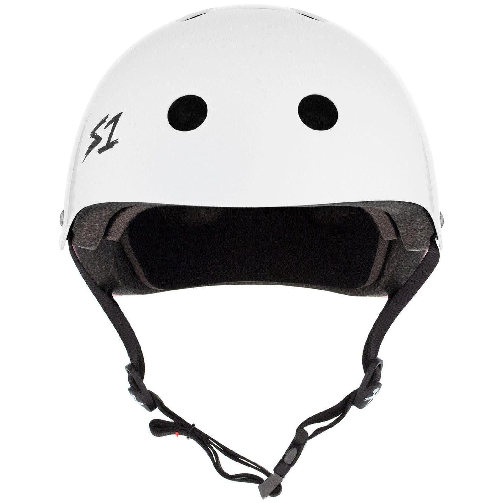 The S-One Helmet Mega Lifer in White Gloss has black vents, black chin straps, the "S1" logo on the left side, and features EPS Fusion Foam for multiple impact protection.