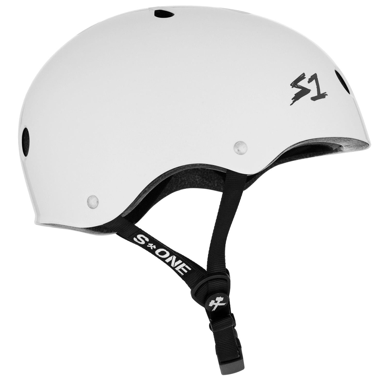 The S-One Helmet Mega Lifer in White Gloss features EPS Fusion Foam for multi-impact protection, ventilation holes, a black adjustable chin strap, and the S1 logo on the side.