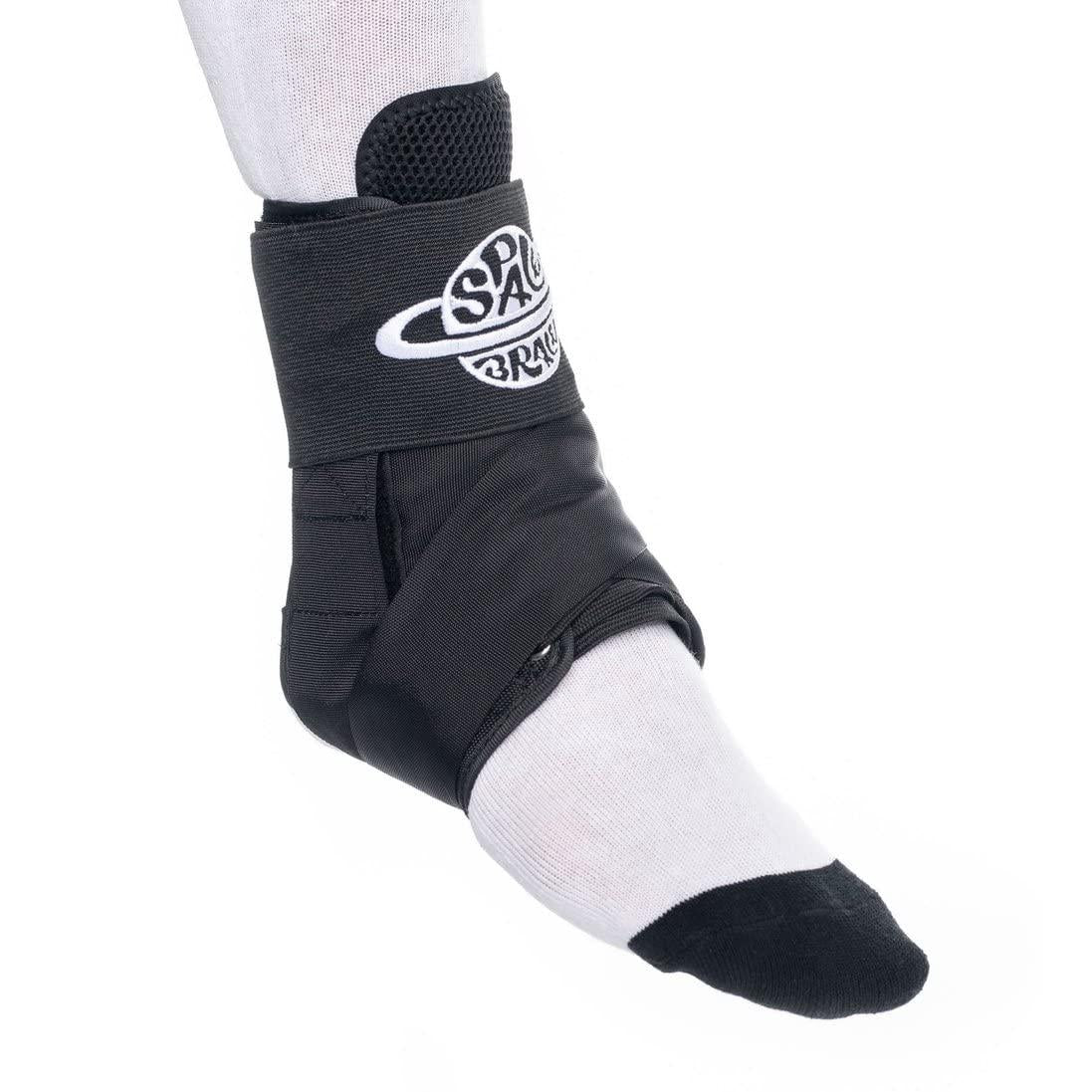 An ankle wrapped in a Space Brace 2.0 Ankle Brace (Single) featuring quick lace technology and a branded logo, over a white sock.
