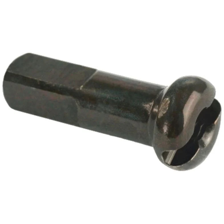 Close-up of a dark metal spoke nipple, a small cylindrical bike part with a slot at one end and a hexagonal section for tightening, essential for securing stainless steel spokes during the (Workshop) Spectre High Strength Wheel Build (36 Hole) when rim or hub is purchased (50% OFF LABOUR).
