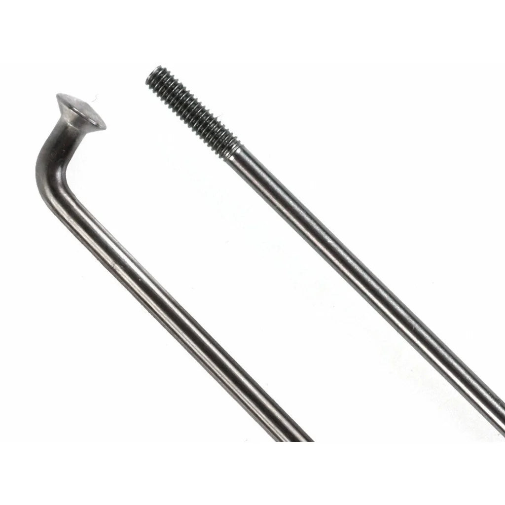 A close-up of two stainless steel spokes—one featuring a threaded end compatible with brass nipples and the other displaying a hooked head—ideal for assembling the (Workshop) Spectre High Strength Wheel Build (36 Hole) when you've purchased a rim or hub, now with 25% off labour.