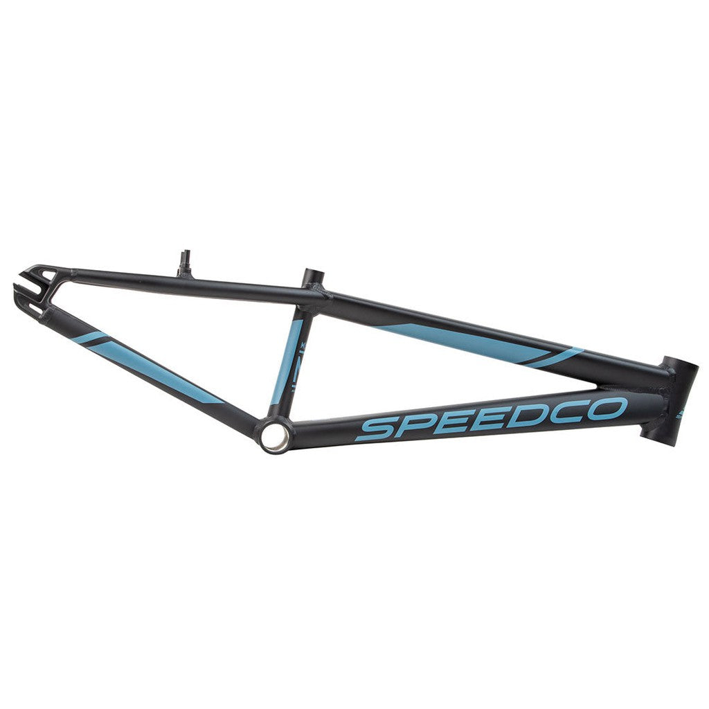 A black bicycle frame with blue accents, crafted from 7005 series aluminum, featuring the word "SPEEDCO" printed on one of the tubes. The Speedco 2024 M2 Mini Frame comes equipped with an integrated chain tensioner system for optimal performance.