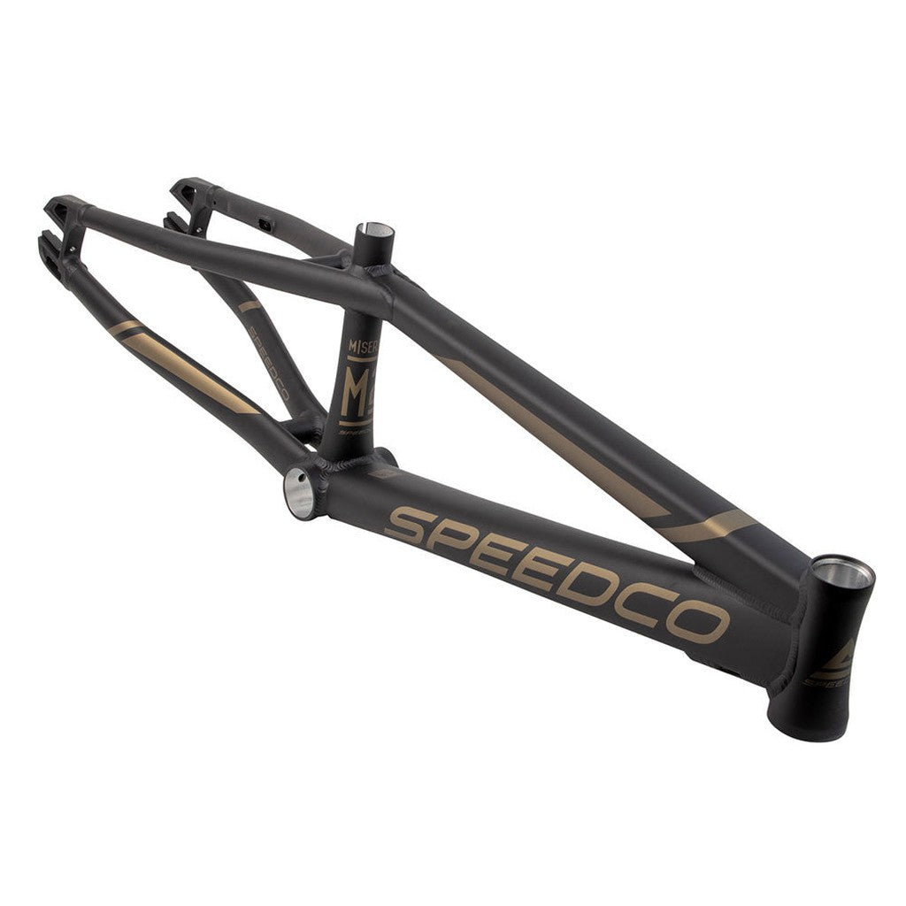 Matte black and gold Speedco M2 Pro XXXL BMX race frame shown on a white background at an angle, highlighting both front and side views. Made from 7005 series aluminium with hydraulic hose protected routing for a clean appearance.
