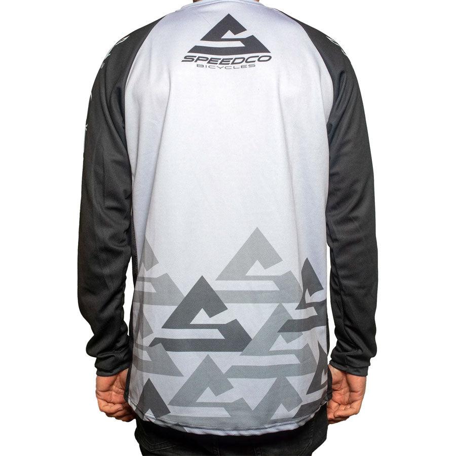 The back of a man wearing a Speedco Race Jersey in custom racing colors.