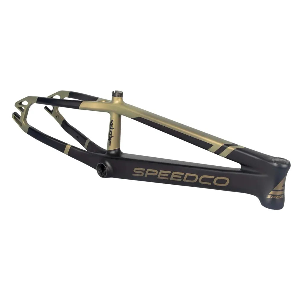 Matte black and gold Speedco Velox EVO Carbon BMX Race Frame Expert XL, made from premium Toray T-700 carbon with "Speedco" branding on the side, shown against a white background.