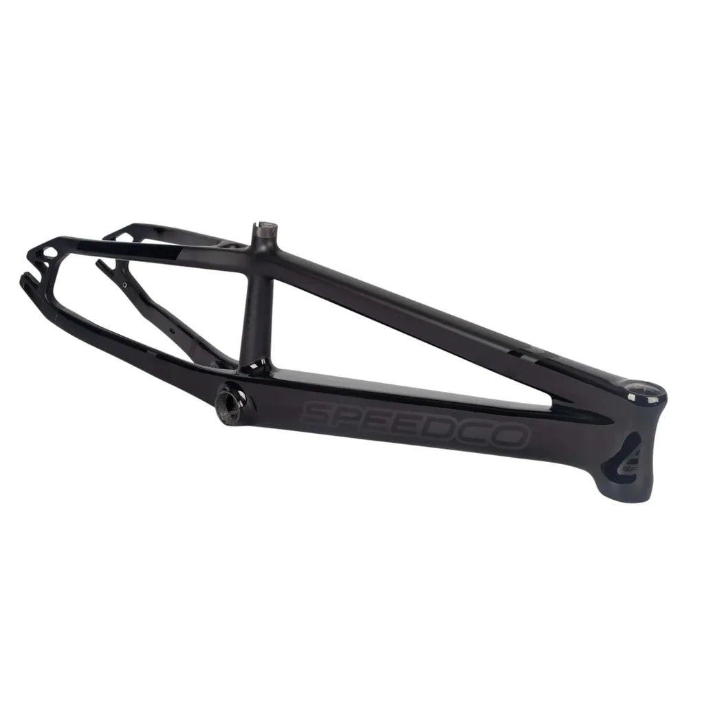A matte black Speedco Velox EVO Carbon BMX Race Frame Expert, made from Toray T-700 carbon, displayed from a side angle on a white background.