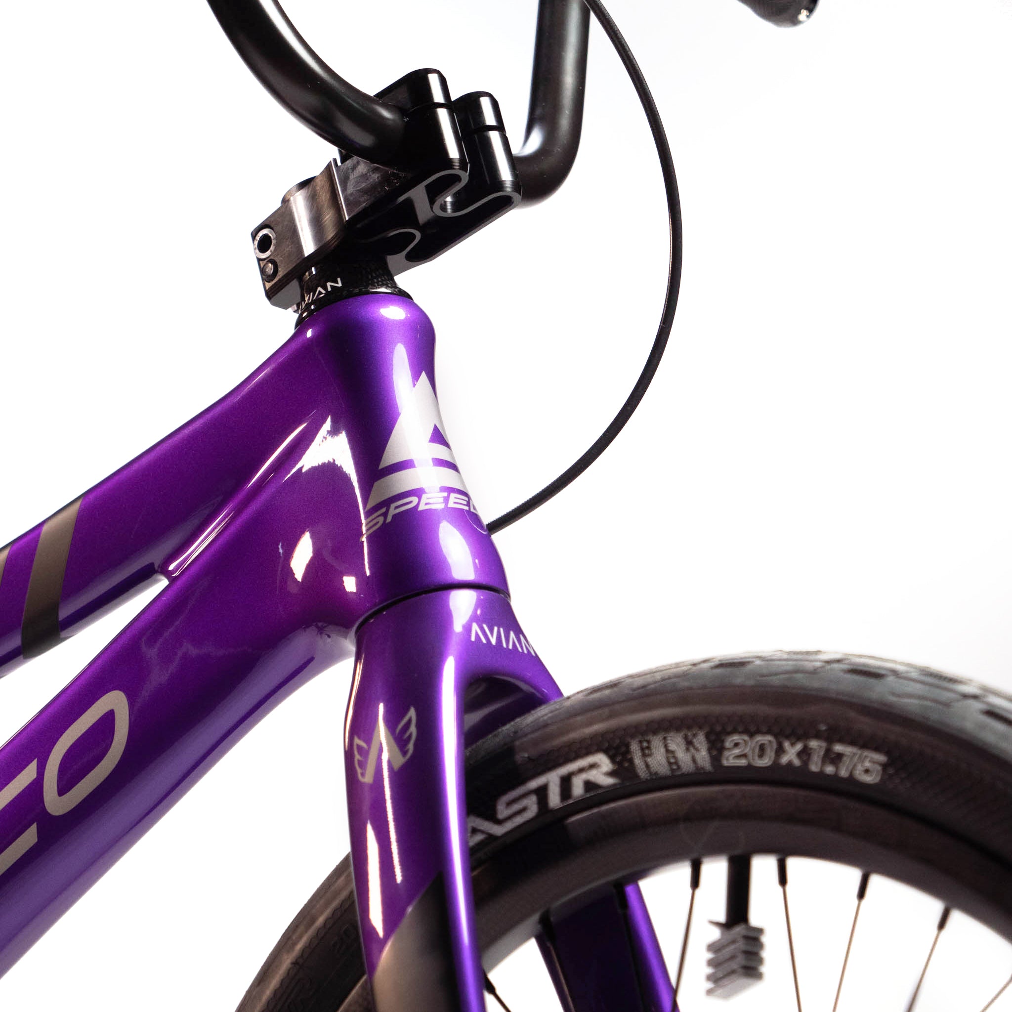 Close-up of the front frame and handlebars of a purple Speedco Velox Evo Pro XXXL Custom Bike, with a visible tire marked "20 x 1.75 ASTR." The manufacturer's logo and part of the branding can be seen on the frame, indicating its status as a Pro custom race bike.