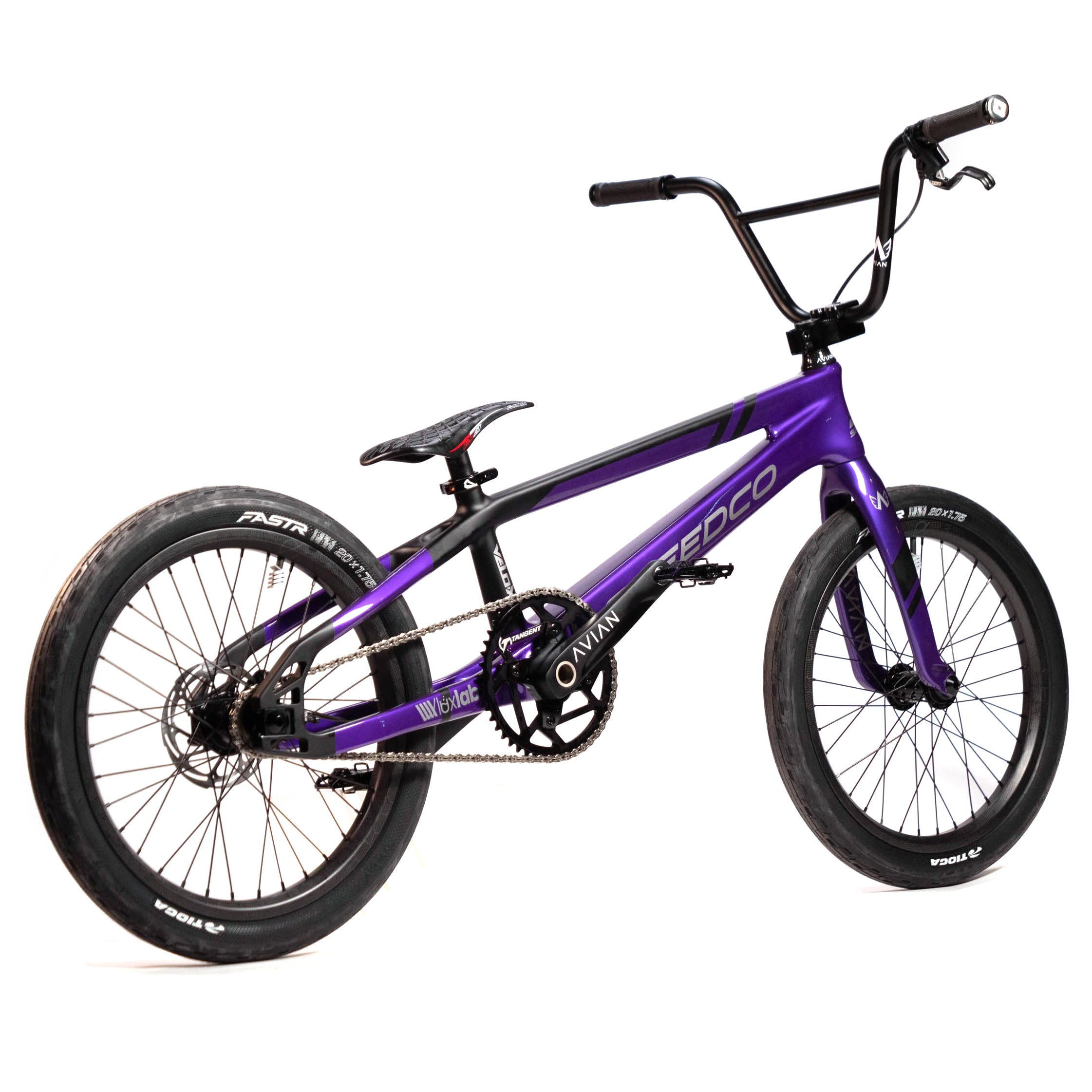 A Speedco Velox Evo Pro XXXL Custom Bike, boasting a sleek purple BMX frame branded with "RECO," equipped with black handlebars and tires. It also features a matching black saddle and pedal setup.