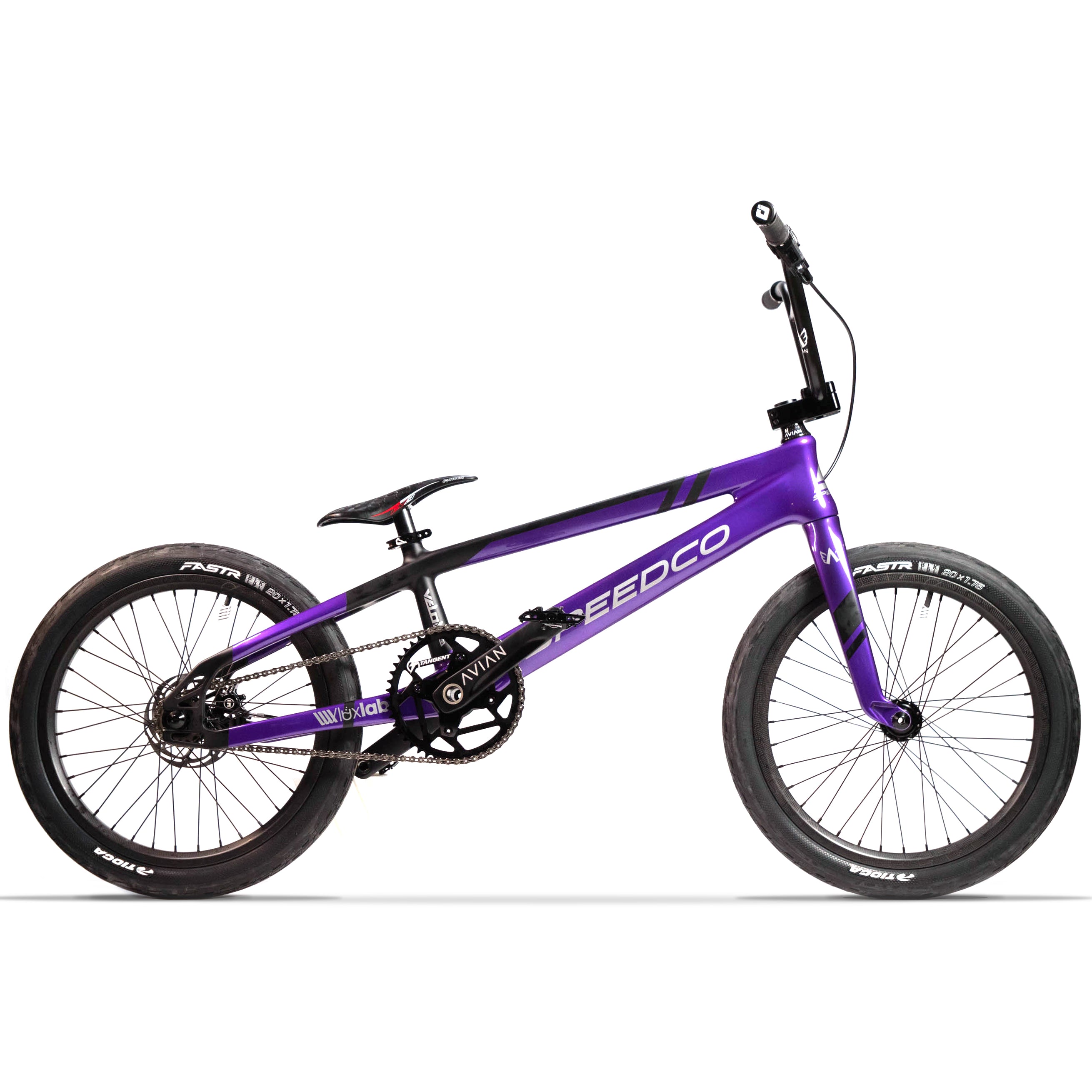 A Speedco Velox Evo Pro XXXL Custom Bike featuring a sleek purple frame design, black handlebars, and two large black tires. The low-positioned seat and an Avian gear mechanism near the rear wheel ensure enhanced performance.