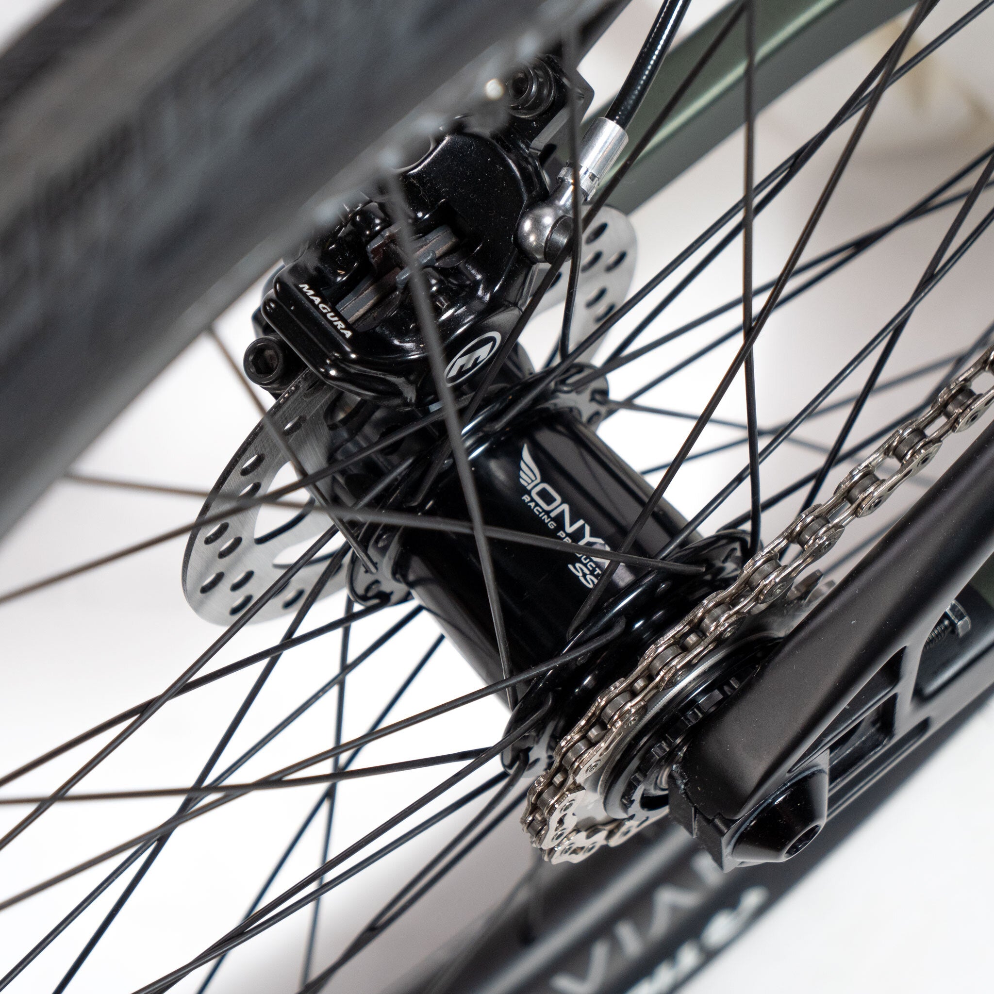 Close-up of the rear wheel of the Speedco Velox Pro XL Cruiser Custom Bike, showcasing a black hub, spokes, disc brake, and chain on a gear sprocket.