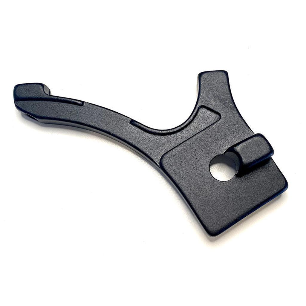 A black metal bracket with a curved arm and central hole, similar to the sleek design of the Speedco Velox V3 and M2 Youth Disk Brake Mount, is set against a white background.